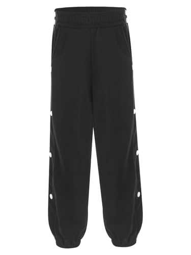 FEESHOW Kinder Jungen Jogginghose Mit Druckknöpfen Seitlich Zu Öffnen Elastischer Bund Sport Freizeithose Mit Durchgehende Knopfleiste Schwarz 134-140 von FEESHOW