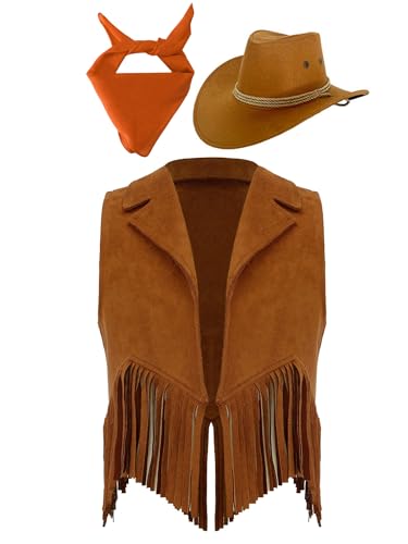 FEESHOW Kinder Jungen Mädchen Cowboy Set Fransen Weste Cowboy Hut Bandana Kinder Wildwest Outfit Halloween Fasching Party Verkleidung Braun&Orange 158-164 von FEESHOW