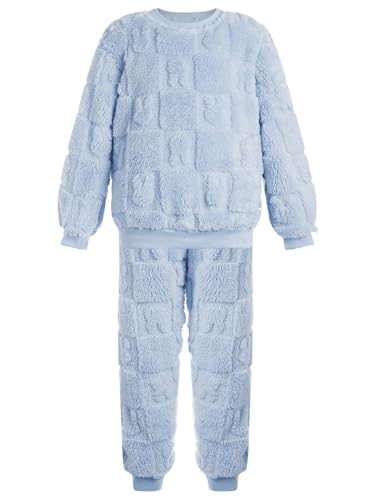 FEESHOW Kinder Jungen Mädchen Flauschiger Schlafanzug Fleece Pyjama Set Zweiteiler Winter Warme Nachtwäsche Hauskleidung Blau 98-104 von FEESHOW