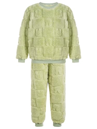 FEESHOW Kinder Jungen Mädchen Flauschiger Schlafanzug Fleece Pyjama Set Zweiteiler Winter Warme Nachtwäsche Hauskleidung Grün 134-140 von FEESHOW