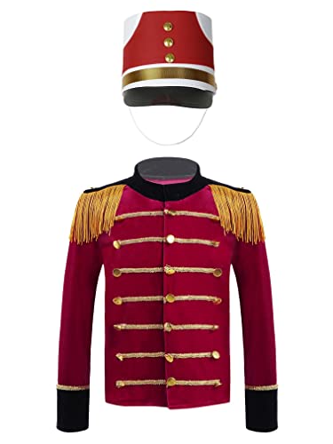 FEESHOW Kinder Jungen Mädchen Frack Blazer Jacke Set Königliche Soldat Uniform Blechmann Drum Majorette Marching Band Trommel Blaskapellen Outfi Rot_D 170-176 von FEESHOW