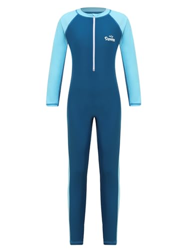 FEESHOW Kinder Jungen Mädchen Neoprenanzug Lang Einteiler Bademode Langarm UPF 50+ Schwimmanzug zum Surfen Schnorcheln Himmelblau 146-152 von FEESHOW