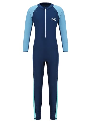 FEESHOW Kinder Jungen Mädchen Neoprenanzug Lang Einteiler Bademode Langarm UPF 50+ Schwimmanzug zum Surfen Schnorcheln Marineblau 122-128 von FEESHOW