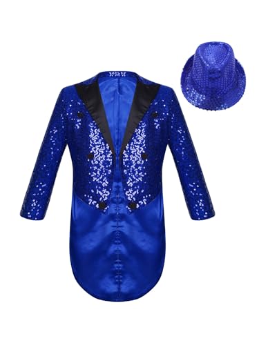 FEESHOW Kinder Jungen Pailletten Frack Mantel Paillettenhut Set Steampunk Gothic Karneval 70er Disco Outfit Party Show Kleidung Blau 158-164 von FEESHOW