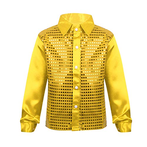 FEESHOW Kinder Jungen Pailletten Hemd Glitzer Disco Shirt Top Langarm Kinder Tanz Kostüm Jazz Party Performance Gold 110-116/5-6 Jahre von FEESHOW