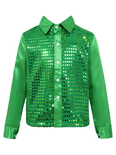 FEESHOW Kinder Jungen Pailletten Hemd Glitzer Disco Shirt Top Langarm Kinder Tanz Kostüm Jazz Party Performance Grün 122-128/7-8 Jahre von FEESHOW