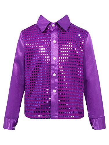 FEESHOW Kinder Jungen Pailletten Hemd Glitzer Disco Shirt Top Langarm Kinder Tanz Kostüm Jazz Party Performance Lila 104-110/4-5 Jahre von FEESHOW