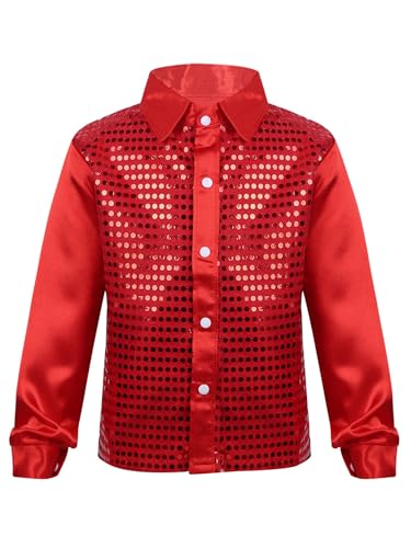 FEESHOW Kinder Jungen Pailletten Hemd Glitzer Disco Shirt Top Langarm Kinder Tanz Kostüm Jazz Party Performance Rot 122-128/7-8 Jahre von FEESHOW