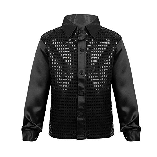 FEESHOW Kinder Jungen Pailletten Hemd Glitzer Disco Shirt Top Langarm Kinder Tanz Kostüm Jazz Party Performance Schwarz 122-128/7-8 Jahre von FEESHOW