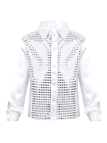 FEESHOW Kinder Jungen Pailletten Hemd Glitzer Disco Shirt Top Langarm Kinder Tanz Kostüm Jazz Party Performance Weiß 122-128/7-8 Jahre von FEESHOW