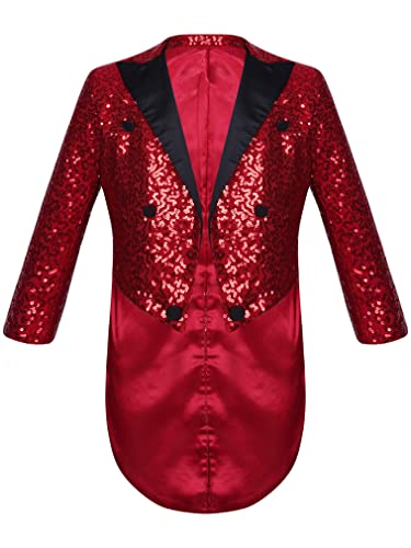 FEESHOW Kinder Jungen Pailletten Smoking Mantel Frack Karneval Disco Zirkus Kostüm Moderator Jacke Steampunk Gothic Party Show Kleidung Burgundy 134-140/9-10 Jahre von FEESHOW