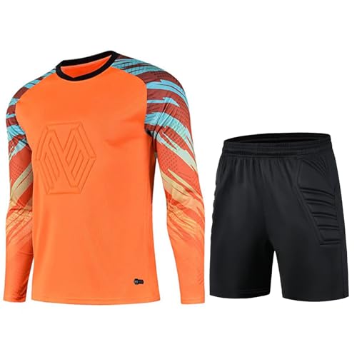 FEESHOW Kinder Jungen Torwarttrikot Fußball Training Outfit Gepolsterte Torwartshirts Shorts Protektorenhose Set Schwammschutz B_Orange 152-164/12-14 Jahre von FEESHOW