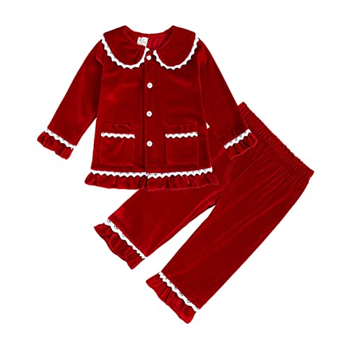 FEESHOW Kinder Kuschelige Samt Schlafanzug Fleece Pyjama Für Jungen Mädchen 2-Set Warme Winter Nachtwäsche Mit Lange Oberteile Und Hosen B_Rot-Mädchen 98-104/3-4 Jahre von FEESHOW