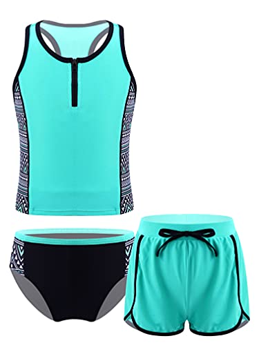 FEESHOW Kinder Mädchen 3tlg. Badeanzug Bikini Tankini Set Tank Top Bikinislip Shorts Sportliche Bademode Badebekleidung A_Minzgrün 146-152 von FEESHOW