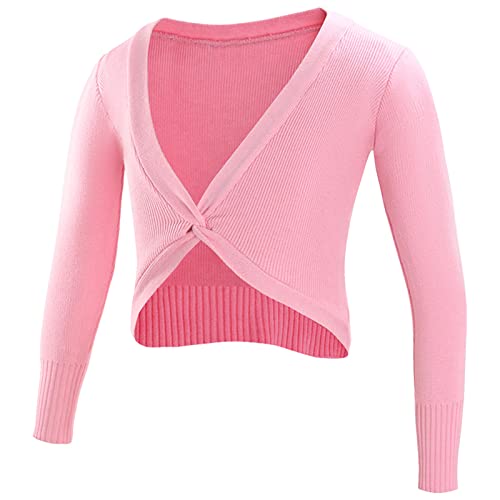 FEESHOW Kinder Mädchen Ballett Wickeljacke Langarm Tanz Ballettjacke Strickjacke Gymnastik Ballettkleidung Top Rosa 134-140 von FEESHOW