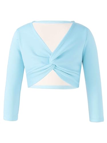 FEESHOW Kinder Mädchen Ballett Wickeljacke Langarm Wärme Samt Fleece Ballettjacke Gymnastik Tanz Strickjacke Pullover Top Ballettkleidung Hellblau 122-128 von FEESHOW