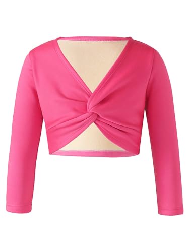 FEESHOW Kinder Mädchen Ballett Wickeljacke Langarm Wärme Samt Fleece Ballettjacke Gymnastik Tanz Strickjacke Pullover Top Ballettkleidung Hot Pink 110-116 von FEESHOW