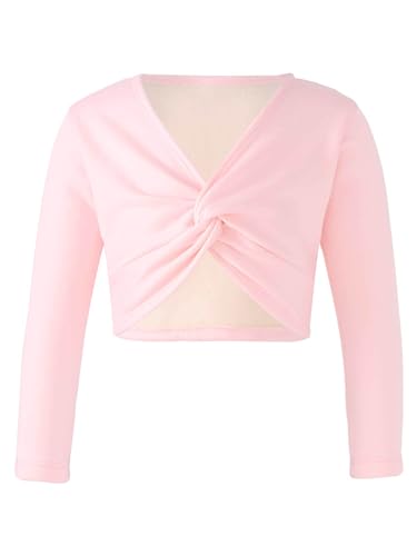 FEESHOW Kinder Mädchen Ballett Wickeljacke Langarm Wärme Samt Fleece Ballettjacke Gymnastik Tanz Strickjacke Pullover Top Ballettkleidung Rosa 110-116 von FEESHOW