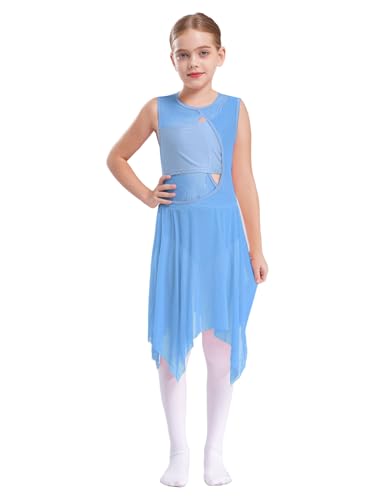 FEESHOW Kinder Mädchen Ballettanzug Ärmellos Ballett Tanz Trikot mit asymmetrische Rock Lyrische Tanzkleidung Gymnastik Modern Tanzkostüm A_Hellblau 134-140/9-10 Jahre von FEESHOW