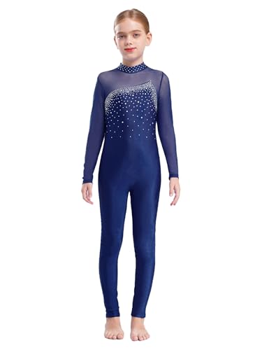 FEESHOW Kinder Mädchen Ballettanzug Lange Ärmel Tanz Trikot Gymnastik Ganzkörperanzug Eiskunstlauf Body Sport Overall Jumpsuit Marineblau_D 134-140/9-10 Jahre von FEESHOW