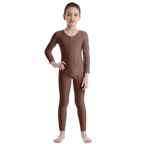 FEESHOW Kinder Mädchen Ballettanzug Tanz Trikot Gymnastik Ganzkörperanzug Bodysuit Einteiliger Overall Jumpsuit für Sport Training Übungen Auftritt Braun 122-128 von FEESHOW