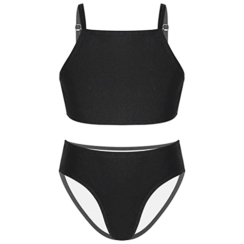 FEESHOW Kinder Mädchen Bikini Set 2 Teile Bademode Sportlich BH Badeshirt Bade Slip Sommer Strand Surfen Schwimmkleidung A_Schwarz 158-164/13-14 Jahre von FEESHOW