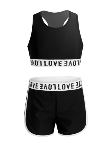 FEESHOW Kinder Mädchen Bikini Tankini Set Bademode Bikini Oberteil Tank Top Shorts Set Stretch Schwimmbekleidung Sport Fitness Outtfit Schwarz 158-164 von FEESHOW