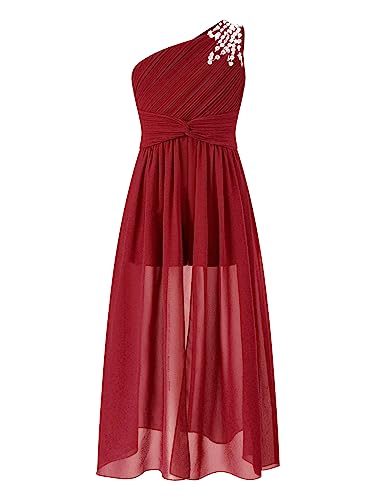 FEESHOW Kinder Mädchen Blumenmädchenkleid Festlich EIN-Schulter Design Chiffonkleid Hochzeit Party Abendkleid Geburtstag Festzug Outfit G_Burgundy 170-176 von FEESHOW