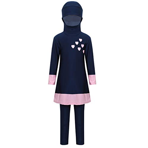 FEESHOW Kinder Mädchen Burkini Badeanzug Muslimische Islamische Bescheidene Bademode Schwimmbekleidung Full Cover Muslim Swimwear Dunkelblau+Pink 128-140 von FEESHOW