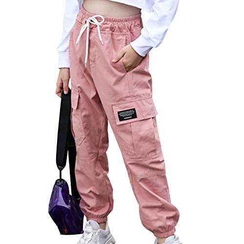 FEESHOW Kinder Mädchen Cargo Hosen mit Tasche High Waist Training Jogginghose mit Kordelzug Hip Hop Jogger Freizeithosen Streetwear Pants Rosa 134-140 von FEESHOW