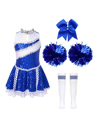 FEESHOW Kinder Mädchen Cheerleading Kleid Glänzend Cheer Uniform Kleid Pompoms Socken Strümpfe Tanzpuschel Armband Set Typ_S_Blau 146-152 von FEESHOW