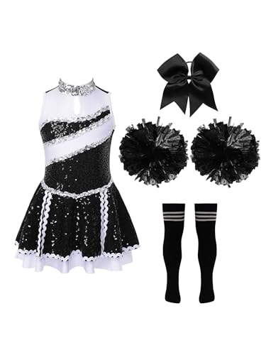 FEESHOW Kinder Mädchen Cheerleading Kleid Glänzend Cheer Uniform Kleid Pompoms Socken Strümpfe Tanzpuschel Armband Set Typ_S_Schwarz&Weiß 134-140 von FEESHOW