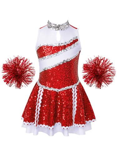 FEESHOW Kinder Mädchen Cheerleading Kleid Glänzend Cheer Uniform Kleid Pompoms Socken Strümpfe Tanzpuschel Armband Set Typ_U_Rot 134-140 von FEESHOW