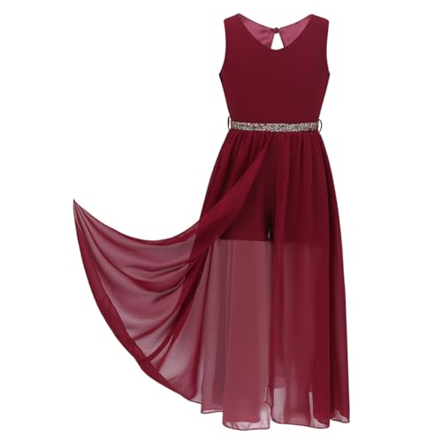 FEESHOW Kinder Mädchen Festliche Chiffon Kleider Hochzeit Blumenmädchenkleid Party Festzug Kleider A-Linie mit Strass Gürtel Burgundy 146-152/11-12 Jahre von FEESHOW