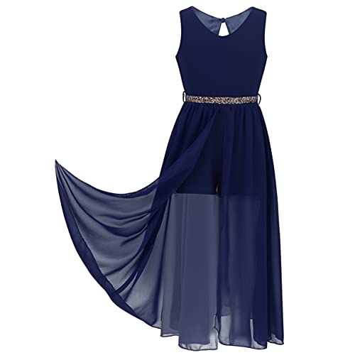 FEESHOW Kinder Mädchen Festliche Chiffon Kleider Hochzeit Blumenmädchenkleid Party Festzug Kleider A-Linie mit Strass Gürtel Navy_Blau 122 von FEESHOW