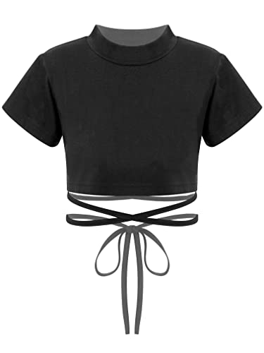 FEESHOW Kinder Mädchen Crop Top Kurzarm Basic Shirt Bauchfrei Rundhals Tanz Ballett Sport Gymnastik Freizeit Oberteil Einfarbig Schwarz_F 134-140/9-10 Jahre von FEESHOW