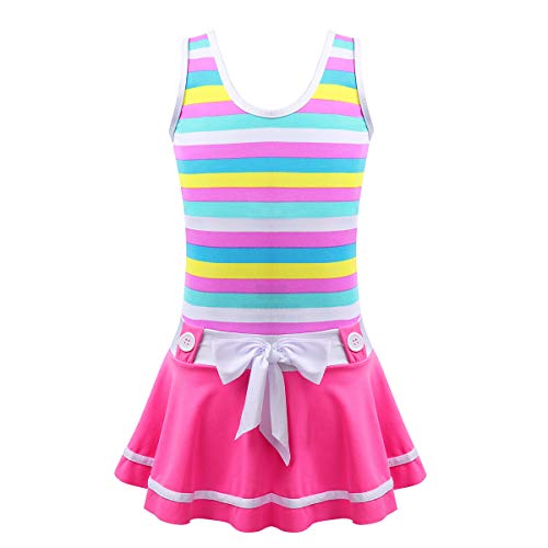 FEESHOW Kinder Mädchen Einteiliger Badeanzug Regenbogen Gestreifter Badekleid Tankini Mit Röckchen Shorts Bademode Strandkleidung Rosa 122-128 von FEESHOW