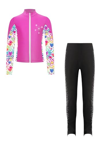 FEESHOW Kinder Mädchen Eiskunstlauf Anzug Glitzer Strass Bedruckte Jacke Eiskunstlauf Hose Set Wettkampf Workout Sport Outfit Skating Suit Hotpink 110-116 von FEESHOW