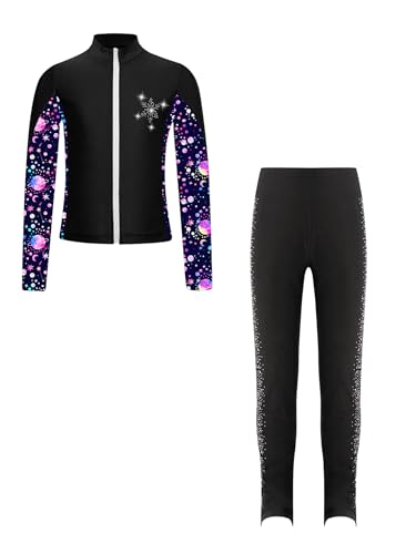 FEESHOW Kinder Mädchen Eiskunstlauf Anzug Glitzer Strass Bedruckte Jacke Eiskunstlauf Hose Set Wettkampf Workout Sport Outfit Skating Suit Schwarz 122-128 von FEESHOW