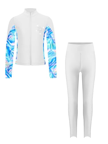 FEESHOW Kinder Mädchen Eiskunstlauf Anzug Glitzer Strass Bedruckte Jacke Eiskunstlauf Hose Set Wettkampf Workout Sport Outfit Skating Suit Weiß 146-152 von FEESHOW