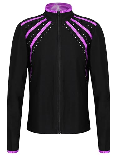 FEESHOW Kinder Mädchen Eiskunstlauf Jacke Glitzer Mit Strass Langarm Eiskunstlauf Sportjacke Slim Fit Eislauf Oberteile Thermojacke Top Violett_B 170 von FEESHOW