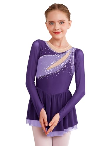 FEESHOW Kinder Mädchen Eiskunstlauf Kleid Glitzer Ballett Tanzkleid Trikot Rollkunstlauf Gymnastik Kleid Professionel Skating Wear Violett_A 146-152 von FEESHOW