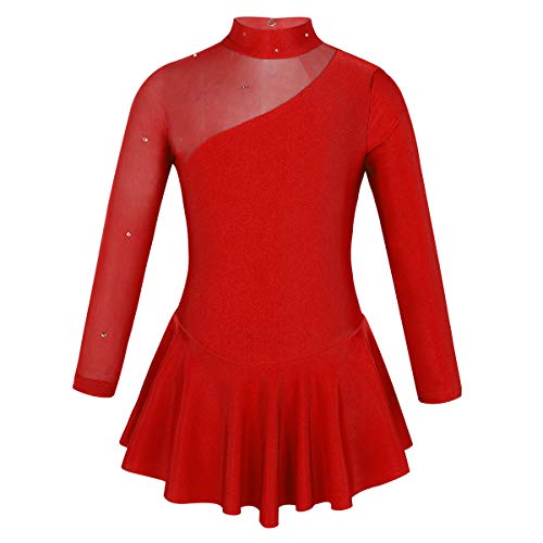 FEESHOW Kinder Mädchen Eiskunstlauf Kleid Langarm Trikotanzug mit Cut Out Rücken Tanzkleiung Gymnastik Skating Dress Gr. 104-164 Rot 140/10 Jahre von FEESHOW