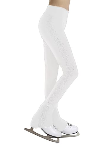 FEESHOW Kinder Mädchen Eiskunstlaufhose Glitzer Strass Schlittschuhhose Stretch Sportleggins Gymnastik Turnhose Ice Skating Pants Weiß_A 170 von FEESHOW