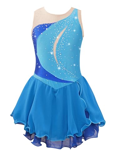 FEESHOW Kinder Mädchen Eislaufkleid Glitzer Tanzkleider Ärmellos Patchwork Ballett Body Trikot Gymnastik Kleid Mit Strass Wettbewerb Kostüm Hellblau 158-164 von FEESHOW