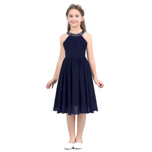 FEESHOW Kinder Mädchen Festliche Chiffon Kleider Hochzeit Blumenmädchenkleid Neckholder Prinzessin Kleid Abendkleid Partykleid für Cocktail Geburtstag Festzug Blau 128/8 Jahre von FEESHOW