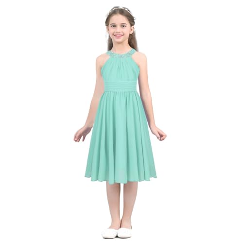 FEESHOW Kinder Mädchen Festliche Chiffon Kleider Hochzeit Blumenmädchenkleid Neckholder Prinzessin Kleid Abendkleid Partykleid für Cocktail Geburtstag Festzug Mintgrün 128/8 Jahre von FEESHOW