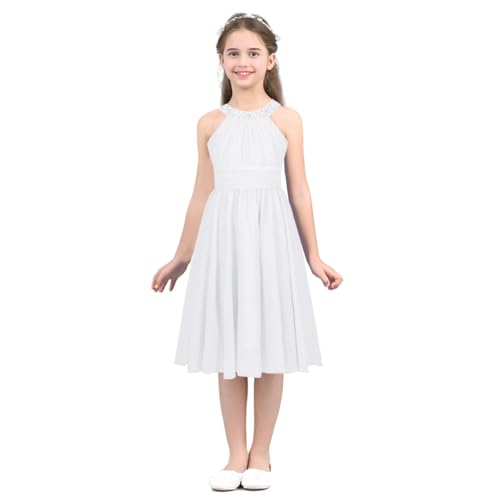 FEESHOW Kinder Mädchen Festliche Chiffon Kleider Hochzeit Blumenmädchenkleid Neckholder Prinzessin Kleid Abendkleid Partykleid für Cocktail Geburtstag Festzug Weiß 164/14 Jahre von FEESHOW