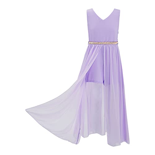 FEESHOW Kinder Mädchen Festliche Chiffon Kleider Hochzeit Blumenmädchenkleid Party Festzug Kleider A-Linie mit Strass Gürtel Lavendel 128/8 Jahre von FEESHOW