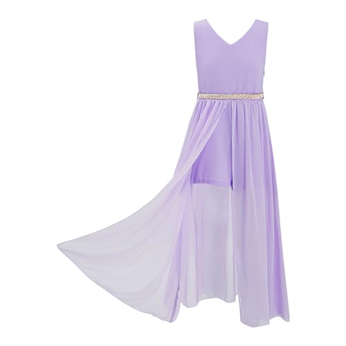 FEESHOW Kinder Mädchen Festliche Chiffon Kleider Hochzeit Blumenmädchenkleid Party Festzug Kleider A-Linie mit Strass Gürtel Lavendel 176/16 Jahre von FEESHOW